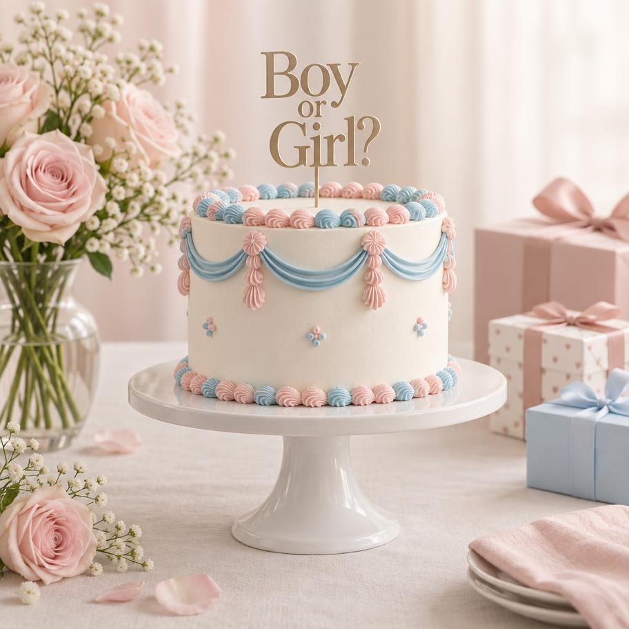 Custom gender reveal cake with a Boy or Girl topper