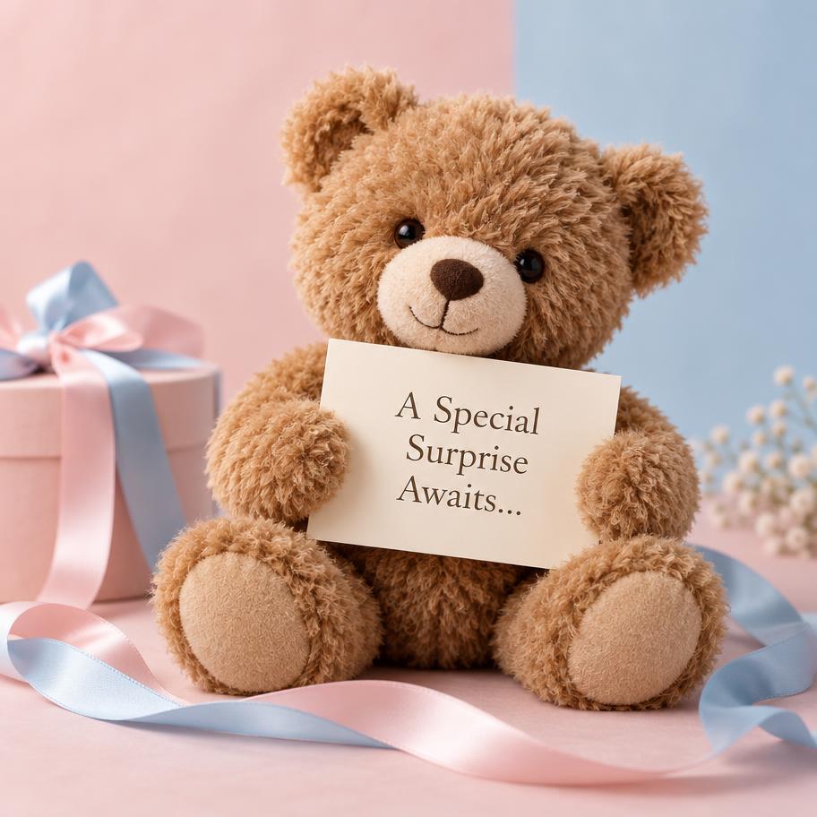 Keepsake teddy bear with a surprise reveal card
